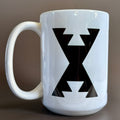 White ceramic Vertical Design Mug, Black with bold black geometric basket-inspired vertical pattern and large handle