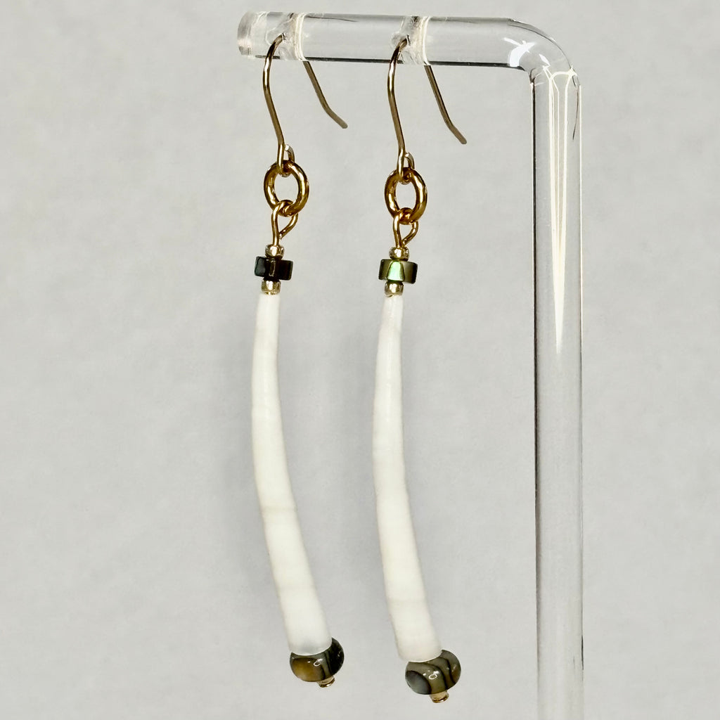 Dentalium and Abalone Gold Set 2 handmade earrings with long white dentalium shells and subtle abalone beads gallery position 1