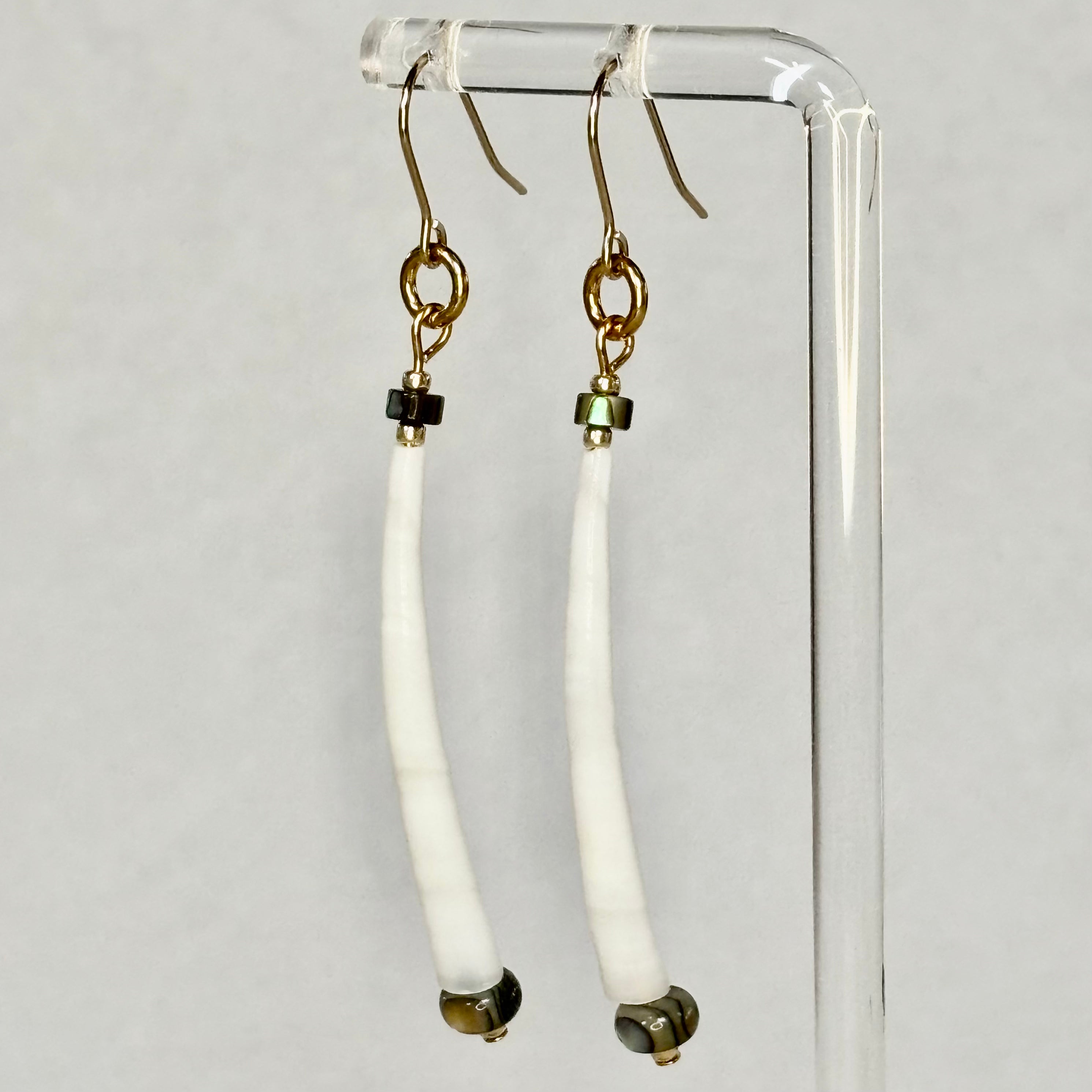 Dentalium and Abalone Gold Set 2 handmade earrings with long white dentalium shells and subtle abalone beads gallery position 1