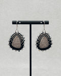 Black and Silver Beaded Fossil Dangles 1 handmade beaded earrings with fossil stone accents