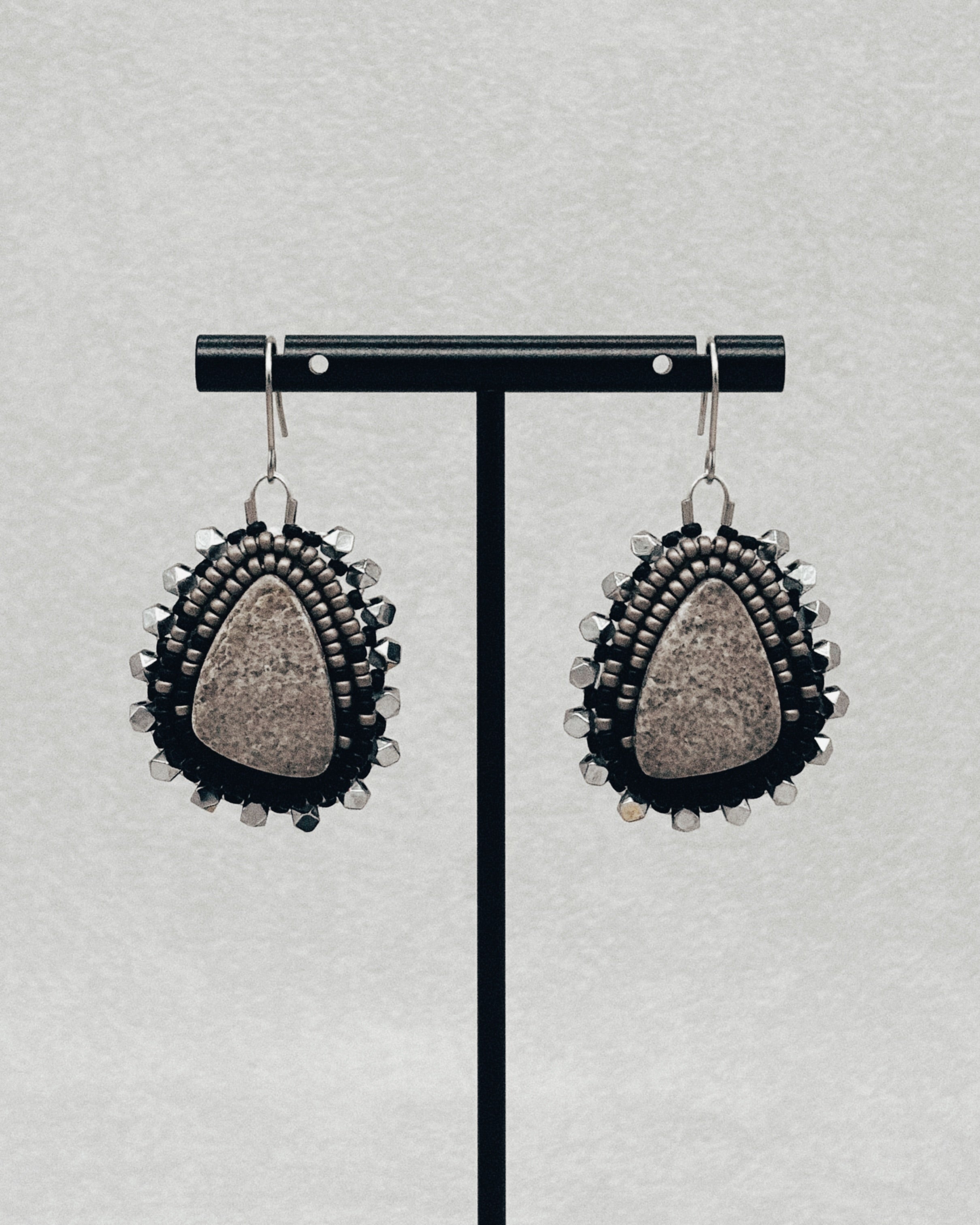 Black and Silver Beaded Fossil Dangles 1 handmade beaded earrings with fossil stone accents