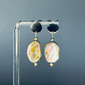 Abalone Nugget Silver Circle Studs with large iridescent abalone nuggets and small metallic bead accents, 1.5 inch drop length