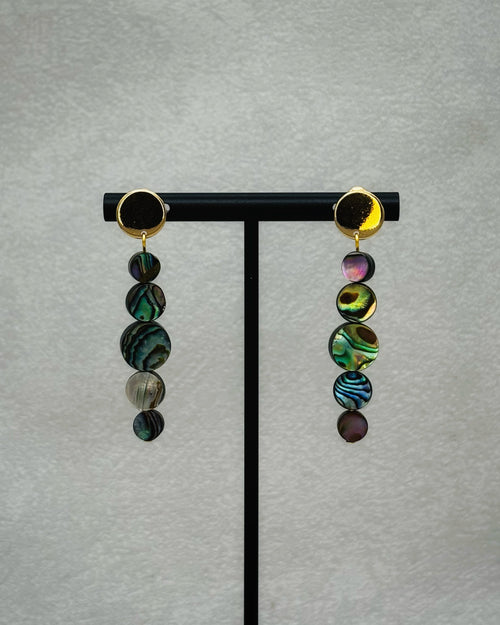 Abalone Graduated Abalone Coin Gold Circle Studs with five iridescent abalone discs descending from polished gold-tone round bases