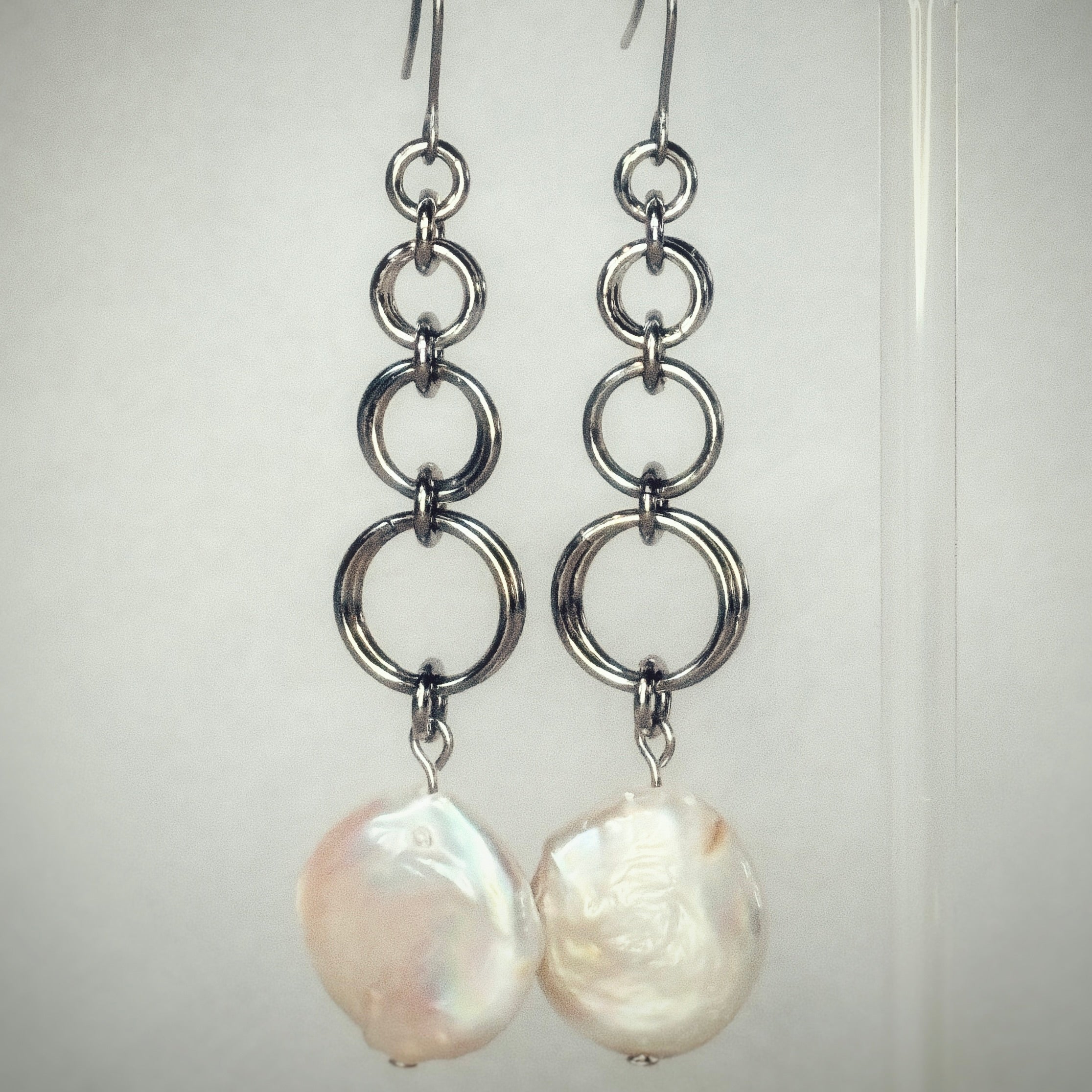 Graduated Chainmail Dangles with Coin Pearls featuring linked steel rings and large iridescent pearl coins gallery position 1