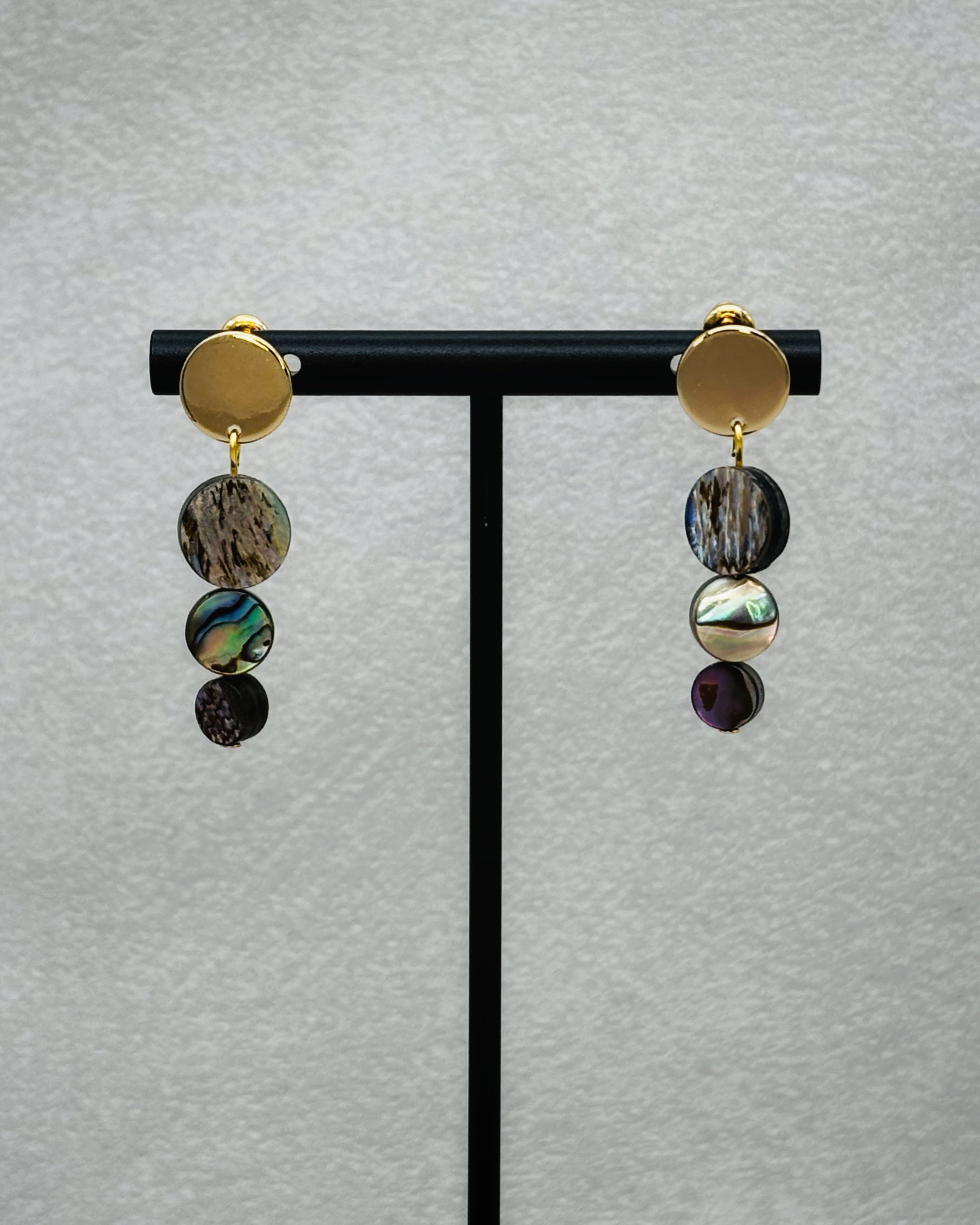 Abalone Triple Coin Gold Circle Studs featuring three iridescent circular shell pieces suspended from polished gold-tone studs