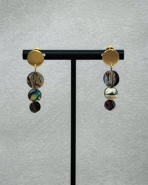 Abalone Triple Coin Gold Circle Studs featuring three iridescent circular shell pieces suspended from polished gold-tone studs