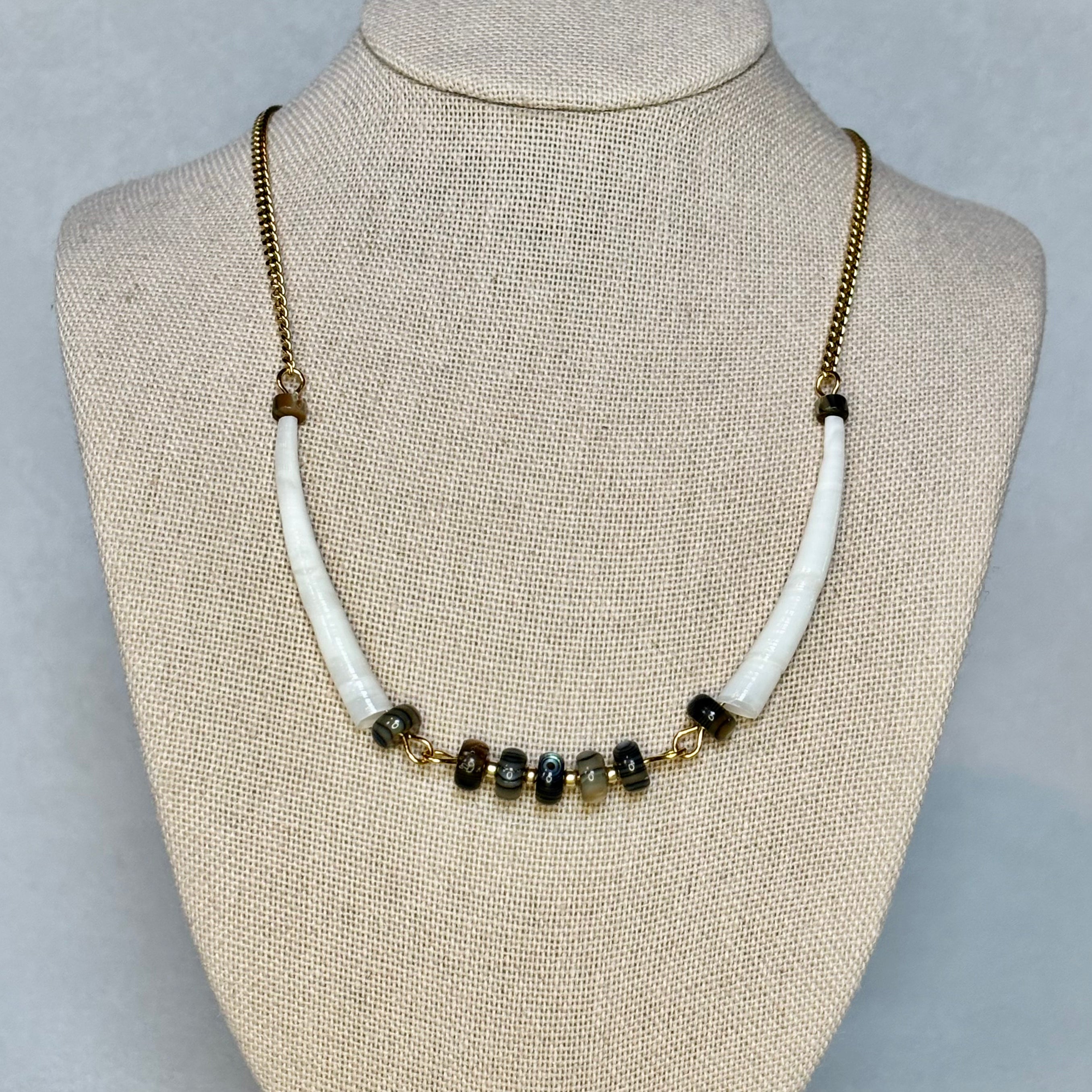 Dentalium and Abalone Gold Set 2 with curved white dentalium shells and dark abalone beads on gold chain gallery position 1