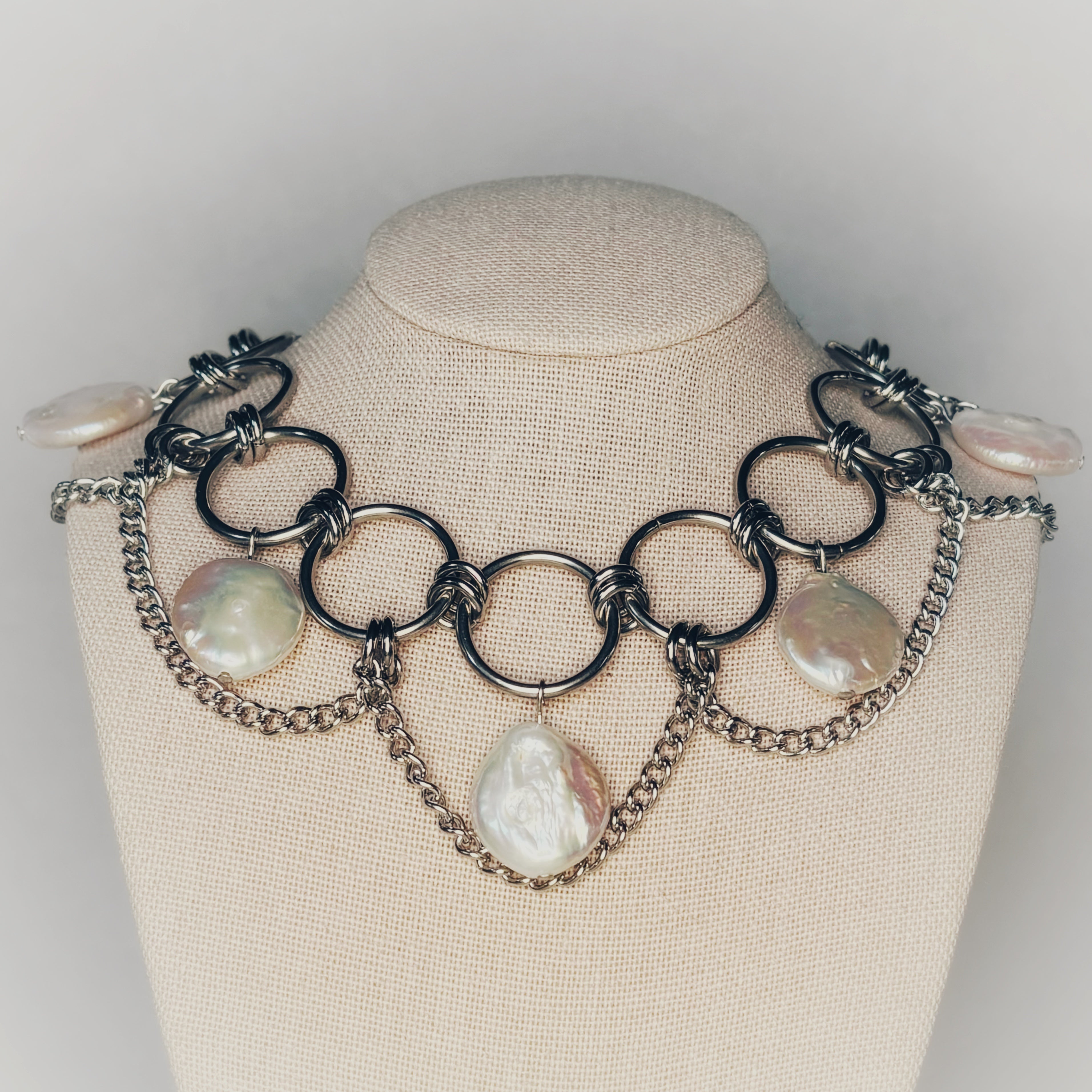 Steel and Pearl Necklace 1 with polished steel chainmail links and five irregular pearl coins gallery position 1