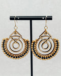 Birch Brick Stitch Hoop Dangles featuring geometric wooden shapes with black and light brown bead embellishments