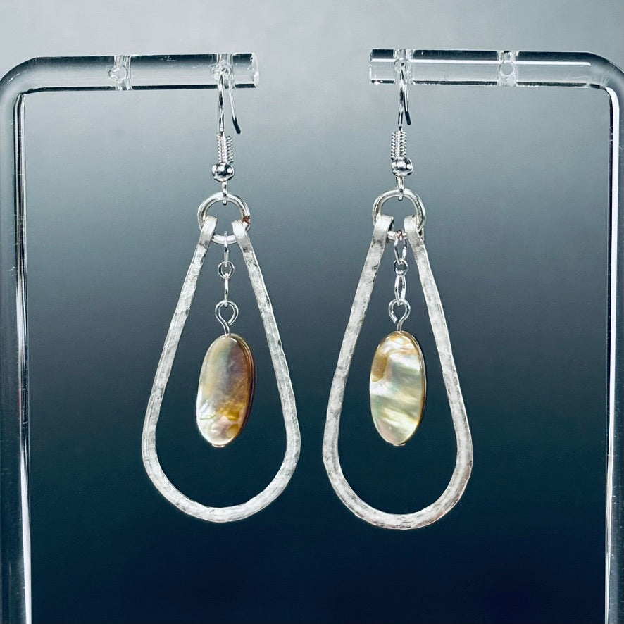 Hammered Silver Teardrop Dangles with Abalone Ovals