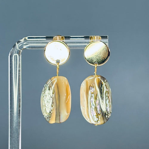Abalone Nugget Gold Circle Studs with natural iridescent abalone nuggets and polished gold circle studs, 1 1/4 inch drop length