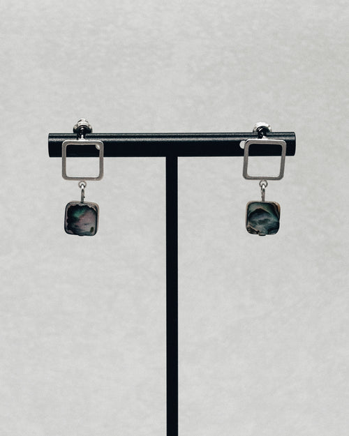 Abalone Silver Square Studs with silver square frames and iridescent abalone drop stones