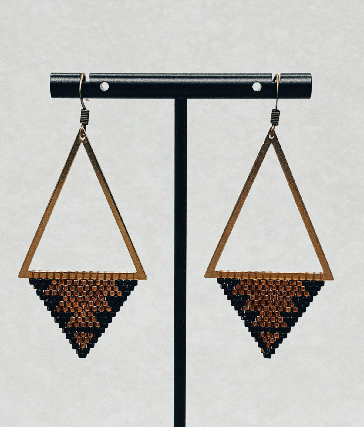 Bronze Triangle Dangles with geometric bronze frames and black and bronze beaded triangle drops