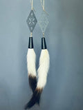 Black and Gold Ermine Tail Drops with black diamond brass design and soft white and brown ermine tail accents, 6-inch length