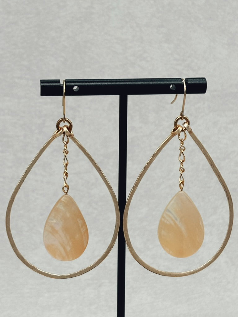 Hammered Gold Teardrop Dangles with White Abalone
