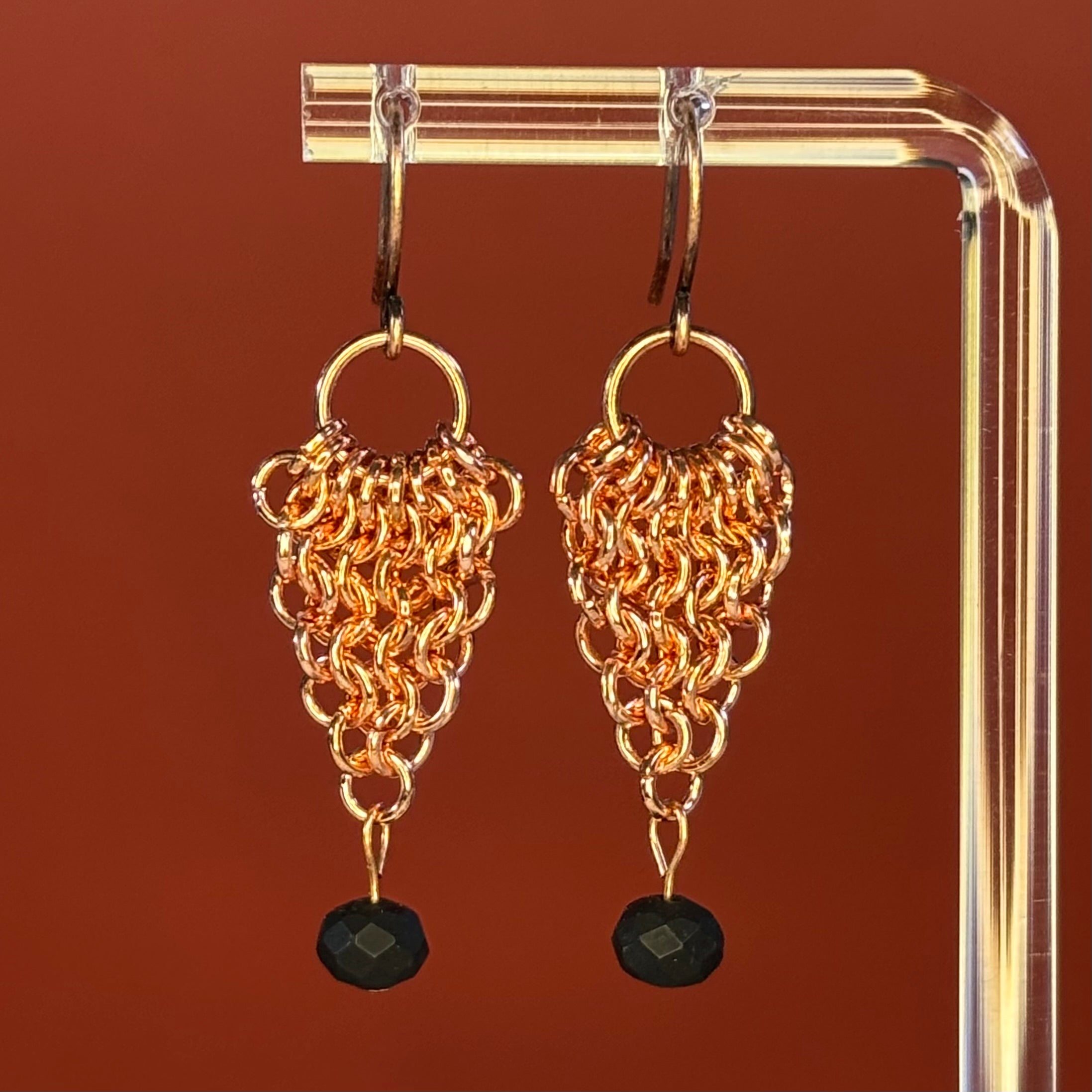 Copper Chainmail Dangles with Matte Black Bead