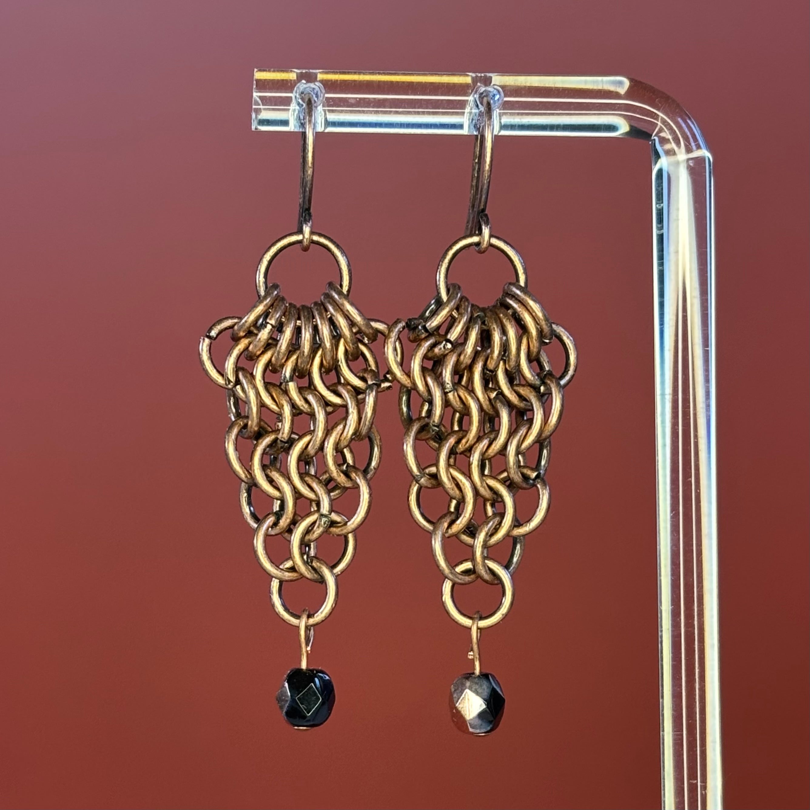 Copper Patina Chainmail Dangles with Glass Black/Copper Beads