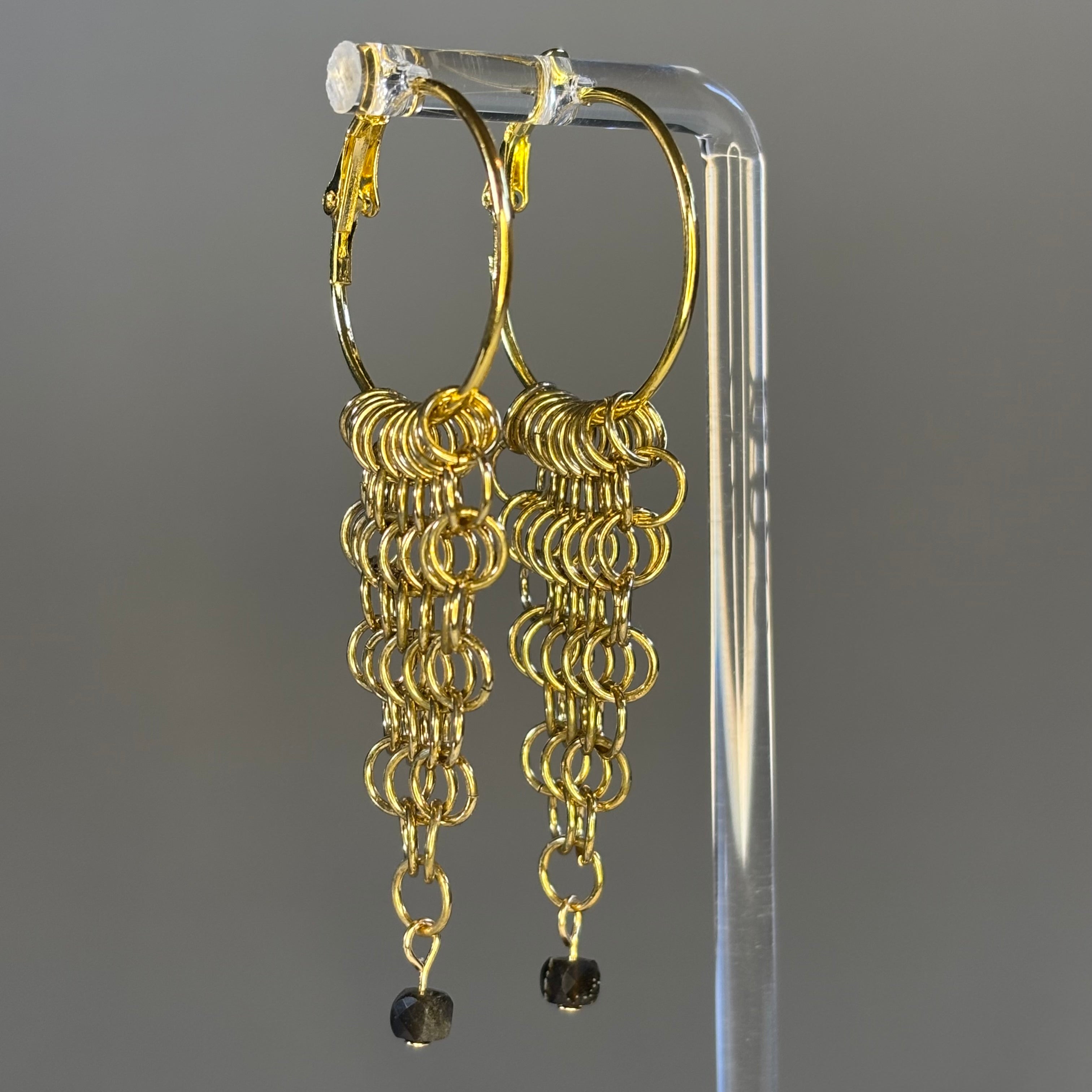 Gold Chainmail Hoops with Gold-Flecked Obsidian