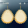 Large Tan Beaded Teardrop Dangles with off-white resin centers and two-tone tan bead embroidery, 3-inch length handcrafted style