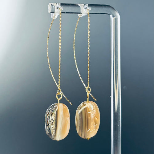 Abalone Nugget Gold Drops featuring large natural abalone stones on delicate gold ear chains, lightweight and elegant design