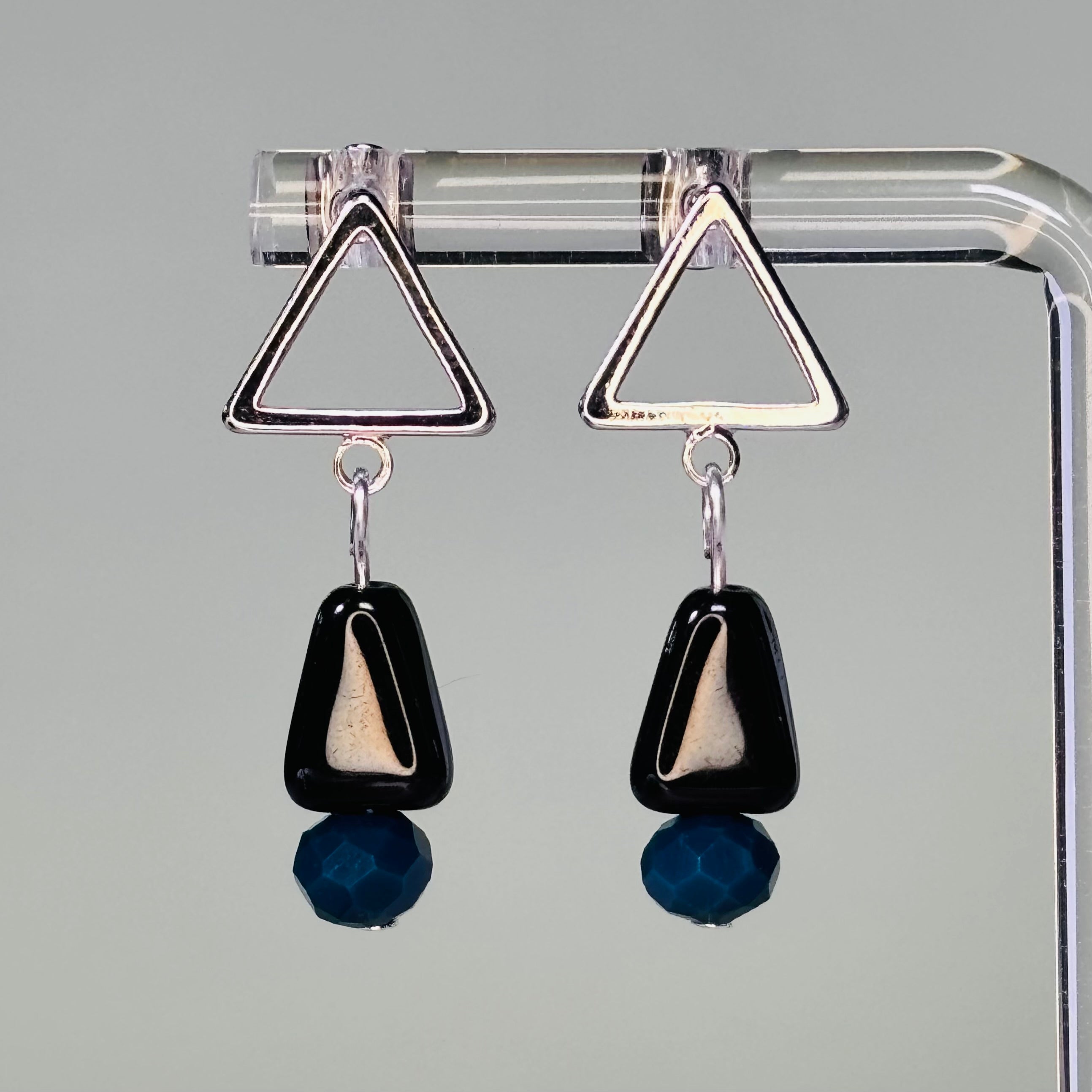 Triangle and Teal Glass Bead Silver Triangle Studs
