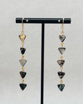Long Abalone Triangle Dangles featuring five dark iridescent triangular shells linked with gold accents, hanging elegantly.