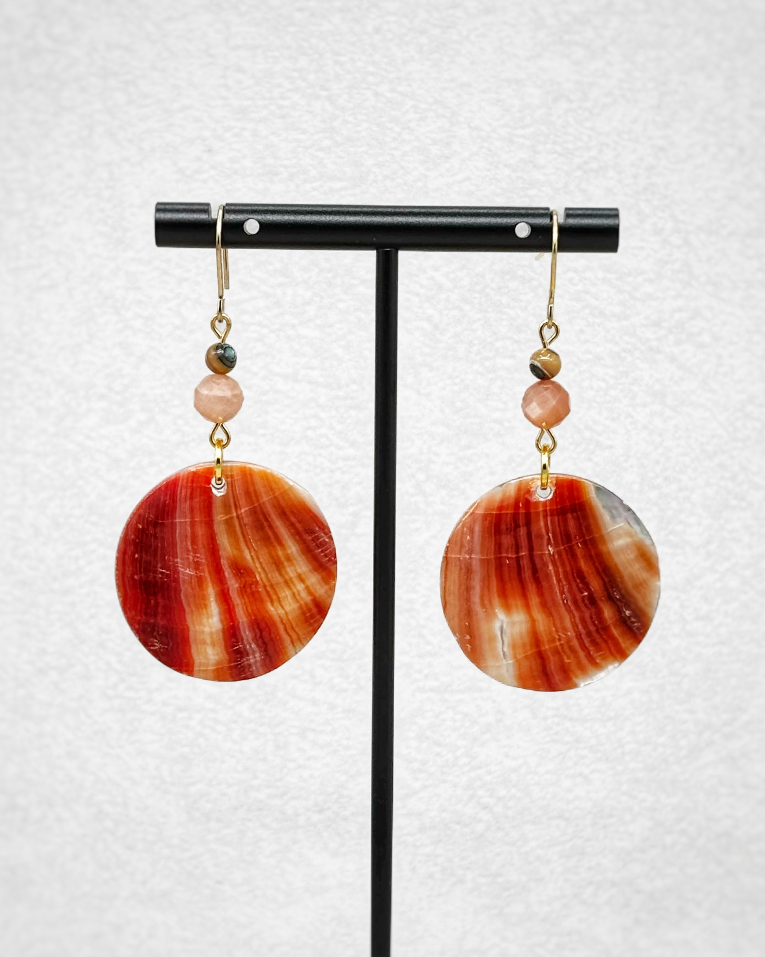 Abalone Circle Dangles with polished orange striped shell discs and natural stone beads