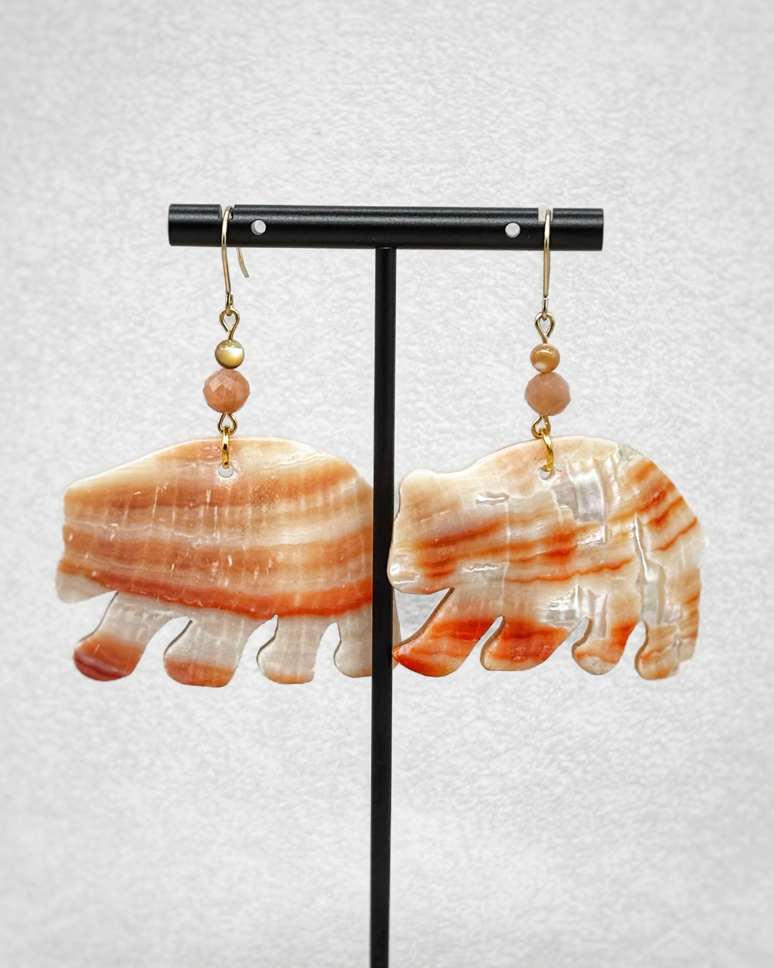 Abalone Bear Dangles bear shaped shell earrings with warm beads and gold tone hooks
