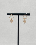 Abalone Gold Triangle Studs displayed on a black jewelry stand