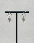 Abalone Silver Triangle Studs displayed on a black jewelry stand