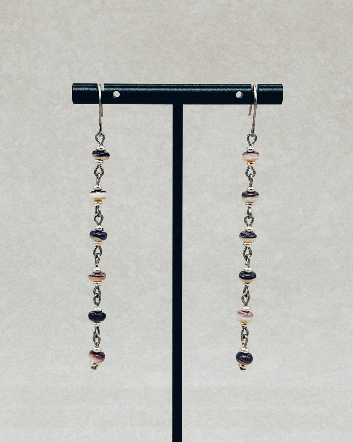 Wampum Sphere Dangles handmade beaded earrings with colorful layered beads