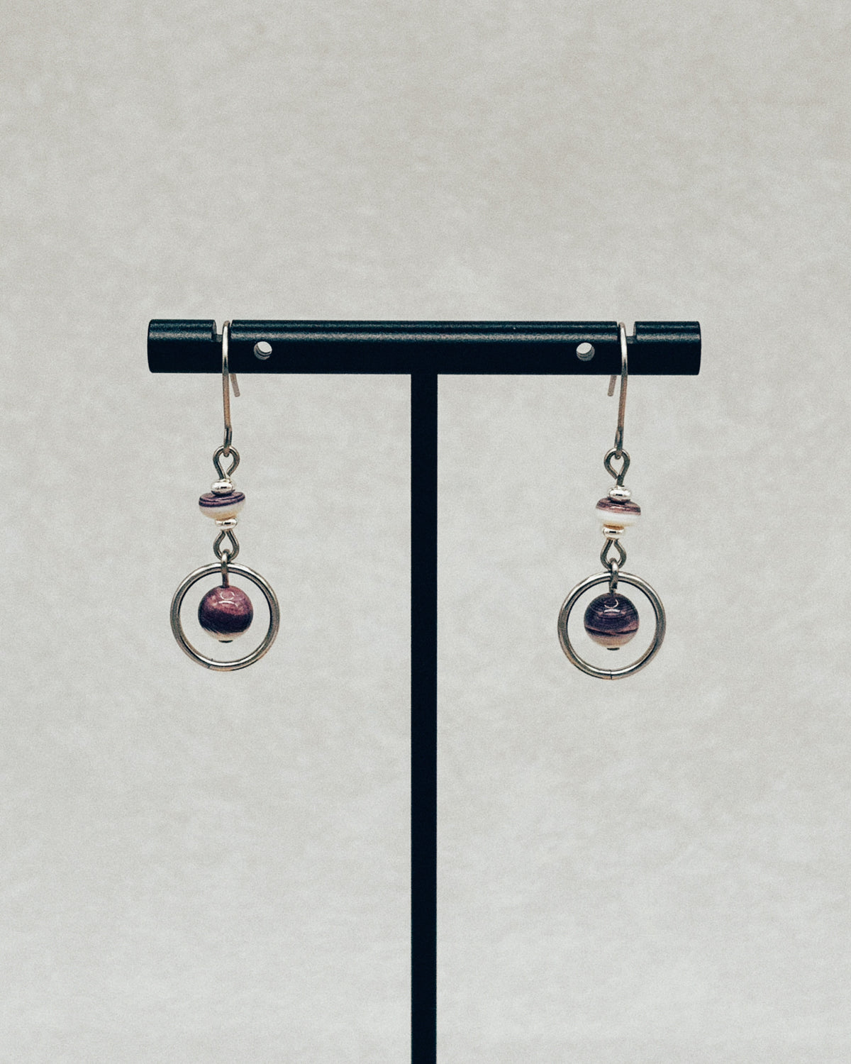 Wampum Sphere Dangles with silver tone hoops and dark red spherical beads