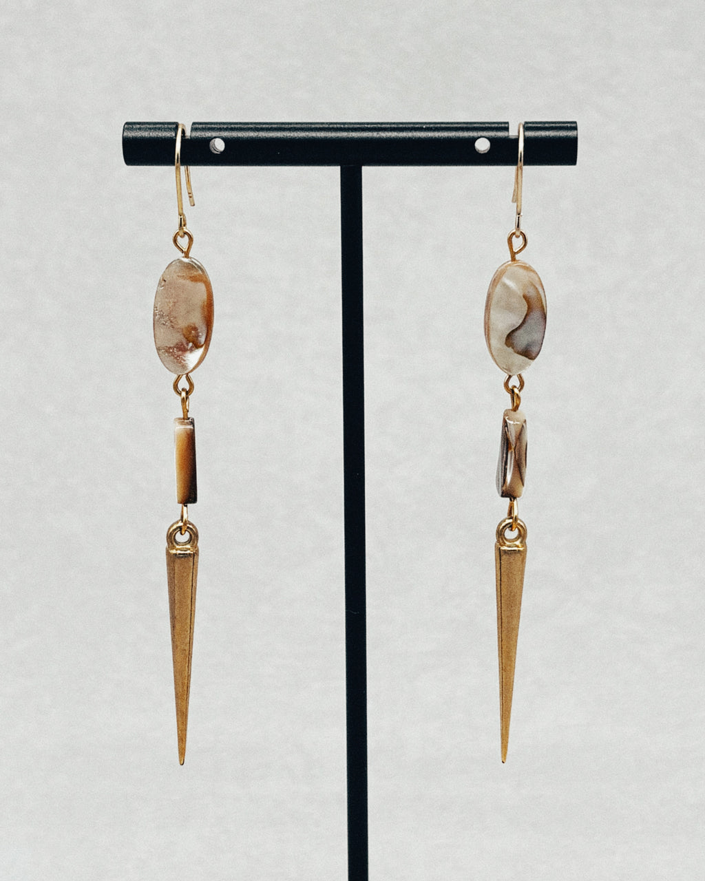 Double Abalone Spike Dangles with oval abalone stones and tapered spike charms on gold-tone hooks
